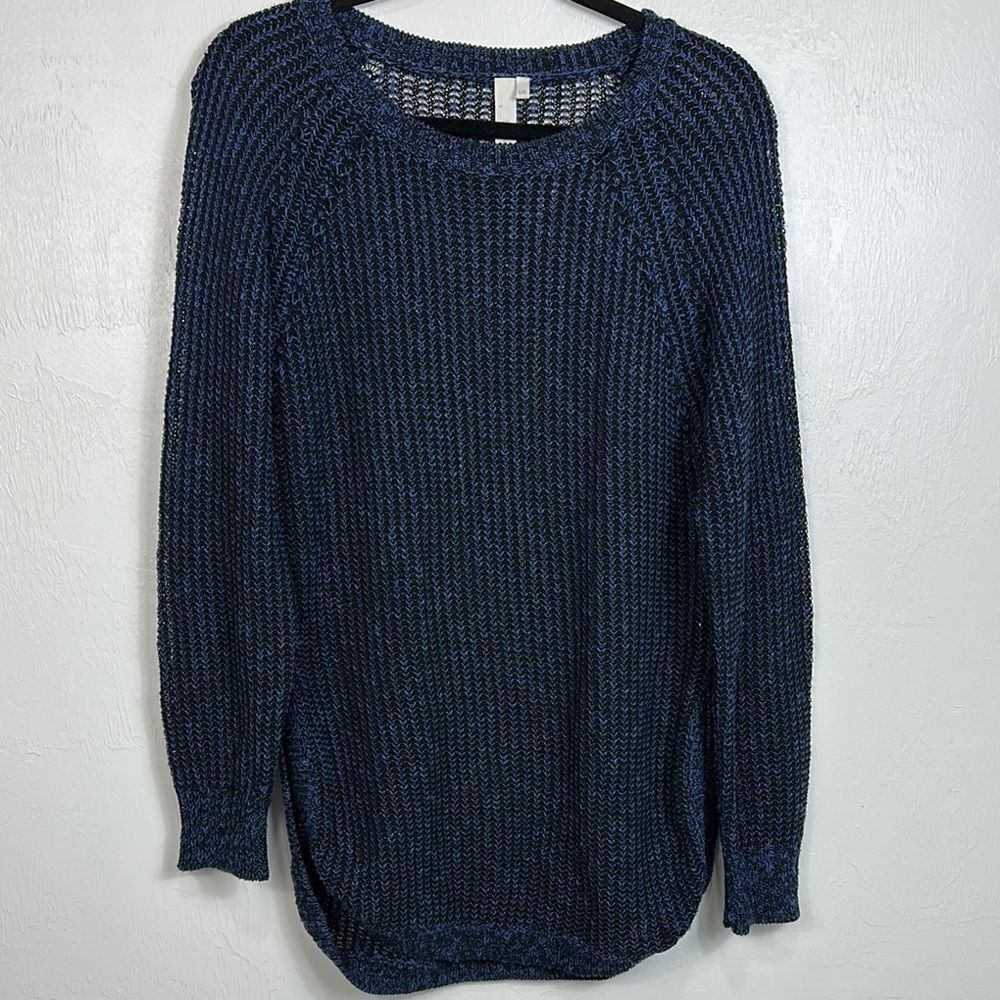 SI-IAE Cotton Blend Black Navy Curved Hem Open Knit Sweater Size L